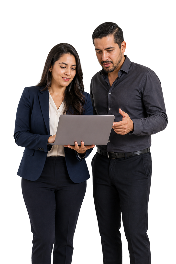 Two colleagues reviewing a laptop together
