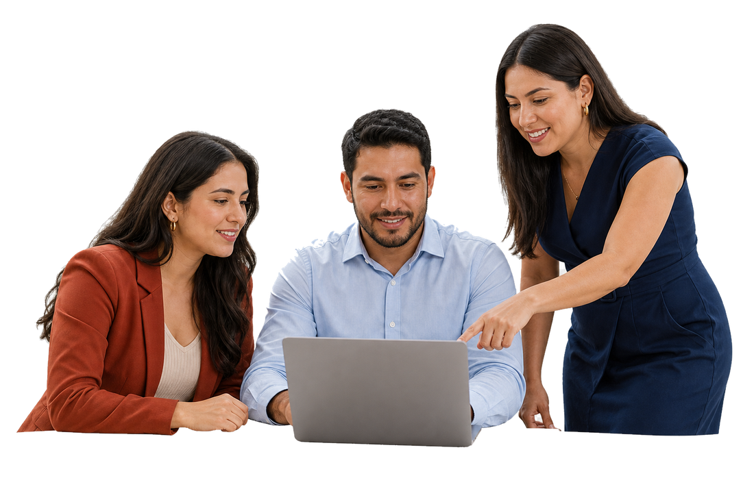 Team collaborating around a laptop
