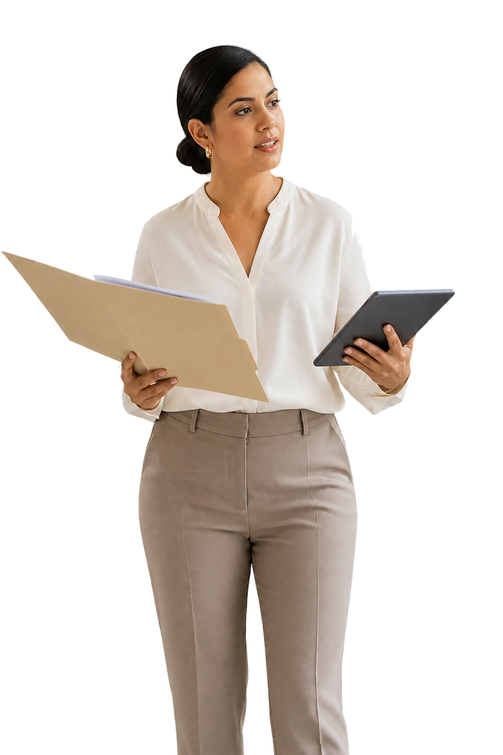 Consultant with documents and a tablet